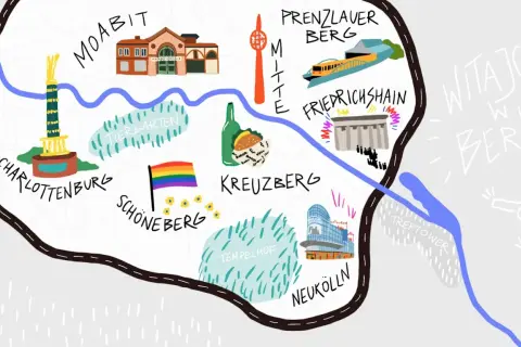 Mapa Berlina z zaznaczonymi dzielnicami, jak Kreuzberg, Friedrichshain, Neukölln, które bywają określane jako niebezpieczne dzielnice Berlina.