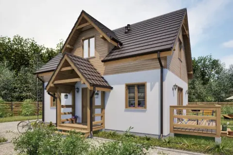 Uroczy domek 70m2 bez pozwolenia, z drewnianą werandą i tarasem. Idealny na letnie wypady.