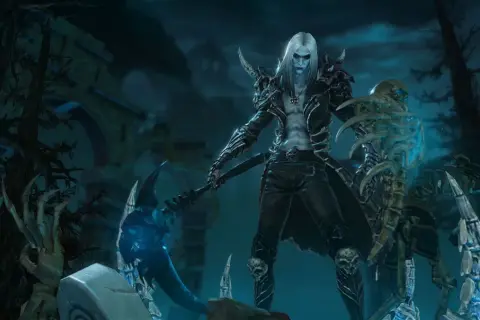 Mroczny nekromanta z Diablo 2, z kosą i szkieletami, gotowy do walki.