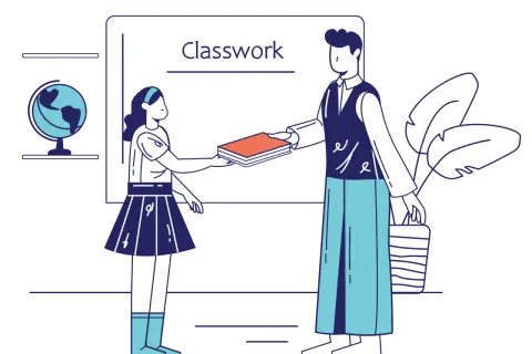 Un insegnante consegna libri a uno studente, mostrando un profilo di funzionamento scolastico. Sullo sfondo, un globo e piante.