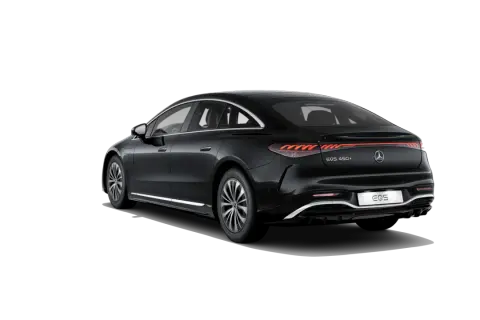 Elegancki, czarny Mercedes EQS 450+ z charakterystycznym pasem świateł z tyłu.