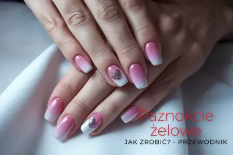 Piękne paznokcie żelowe z efektem ombre i brokatowymi serduszkami. Rekonstrukcja paznokcia wykonana z dbałością o detale.