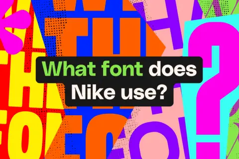 Bold, colorful letters and shapes form a vibrant background. A black speech bubble asks, "What font does Nike use?