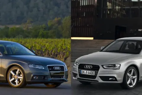 Dwa Audi A4 B8 2.0 TDI, jeden ciemny na tle winnicy, drugi srebrny przed nowoczesnym budynkiem. Jaki olej do Audi A4 B8 2.0 TDI?