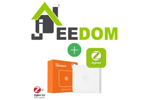 Le logo Jeedom s'associe à un interrupteur sans fil Sonoff Zigbee 3.0 pour une maison connectée.