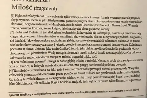 Fragment "Miłości" Anny Kamińskiej. Pieśń nad Pieśniami jako dialog kochanków, opis miłości jako siły nie do ugaszenia.