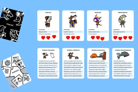 Ilustracja kart z postaciami: Zielarz, Leśniczy, Kuglarz, Bohateracz oraz karty Wiedzy.