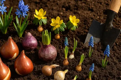 Wiosenne kwiaty i cebulki ozdobne, gotowe do sadzenia. Wśród nich tulipany, hiacynty, szafirki i zimowity.