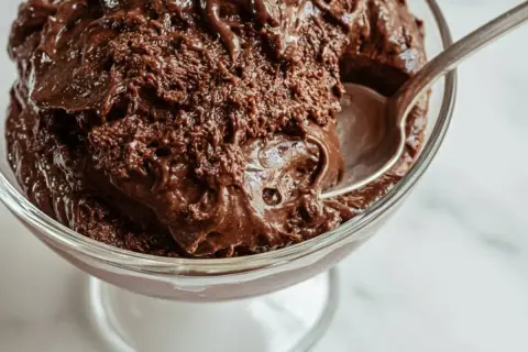 En sked tar en tugga av krämig chokladmousse i en glasskål. Perfekt för ett enkelt chokladmousse recept.