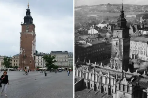 Kraków opis miasta: Ratusz na Rynku Głównym dziś i dawniej. W tle widać wzgórza otaczające miasto.