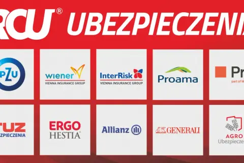 Logotypy znanych agencji ubezpieczeniowych: PZU, Wiener, InterRisk, Proama, Pru, TUZ, Ergo Hestia, Allianz, Generali, Agro Ubezpieczenia.