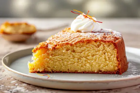 En bit saftig saffranskladdkaka utan vit choklad, toppad med vispgrädde och saffransstrån.