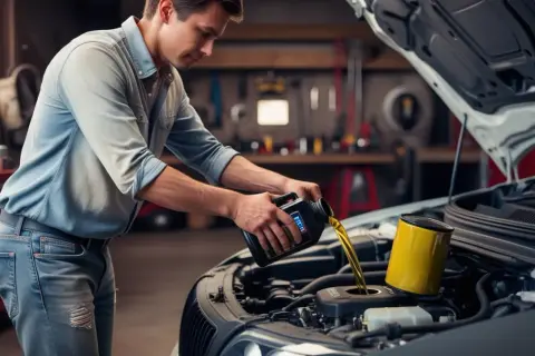 Uomo versa olio motore nuovo in un'auto. Manutenzione essenziale per il cambio olio motore.