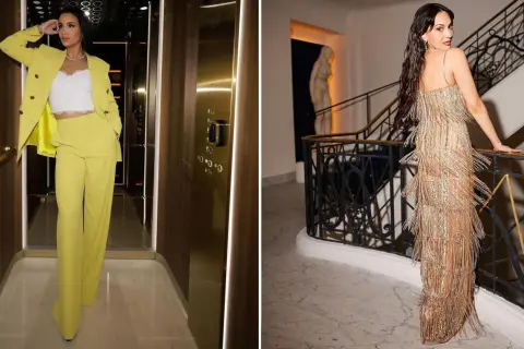 Donna in elegante tailleur giallo e abito da sera dorato con frange, mostrando diversi tipi di vestiti con nomi diversi.