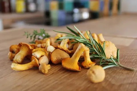 Un mucchio di finferli dorati, che dimostrano come i funghi sono verdure, con rametti di rosmarino su un tagliere di legno.