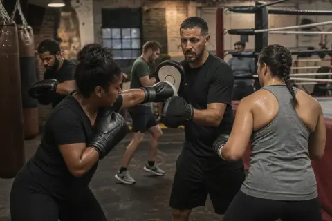 A boxing coach trains a woman, demonstrating what weight is middleweight. Other boxers train in the background.