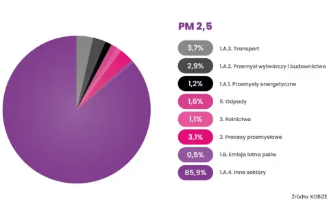 Wykres kołowy pokazuje, co jest w powietrzu: 85,9% to inne sektory, 3,7% transport, 3,1% procesy przemysłowe, 2,9% przemysł wytwórczy i budownictwo, 1,6% odpady, 1,2% przemysły energetyczne, 1,1% rolnictwo, 0,5% emisja lotna paliw.