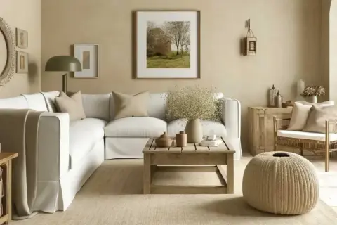 Un salon cosy avec une déco salon beige et bois. Un canapé blanc, une table basse en bois brut, un pouf rond et des cadres muraux créent une ambiance chaleureuse.