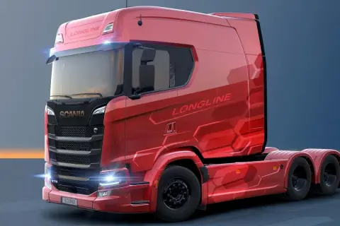 Camion rouge Scania S770 Longline, une cabine camion luxe aux lignes futuristes et aux détails hexagonaux.