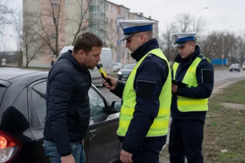 Policjant bada kierowcę alkomatem. Kontrola drogowa ma zapobiec jeździe pod wpływem alkoholu.