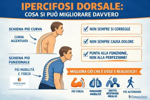 Ipercifosi dorsale: come correggerla? L'immagine mostra una schiena curva e una più funzionale, con focus su mobilità, forza e autonomia.