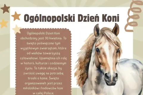 Piękny koń na akwarelowym obrazie. Obok tekst o Ogólnopolskim Dniu Koni, który przypada 30 kwietnia.
