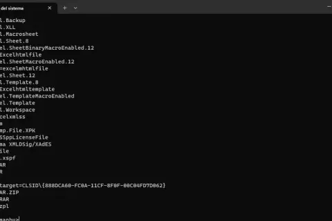 Lista de extensiones de archivo y sus programas asociados, como Excel y WinRAR, en una ventana de comandos.