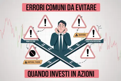 Evita errori comuni quando investi in azioni: panico, trading emotivo, mancanza di diversificazione. Un uomo preoccupato è circondato da segnali di pericolo.