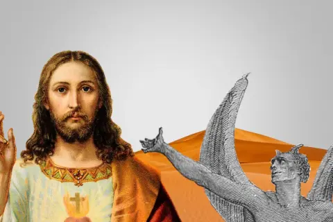 Jesus in der Wüste, konfrontiert mit dem Teufel. Ein Bild, das an das Christentum und die Fastenzeit erinnert.