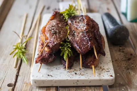 Brochettes de magret de canard marinées, grillées à la perfection, saupoudrées de gros sel et de poivre, garnies de romarin frais.