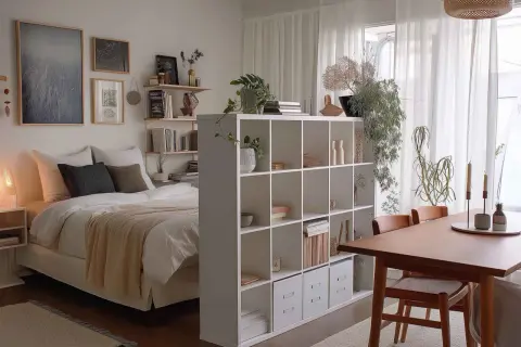 Gemütliches **Wohn und Schlafzimmer in einem Raum**, getrennt durch ein Regal. Ein Bett mit Decke und Kissen, daneben ein Nachttisch. Pflanzen und Deko schmücken das Regal.