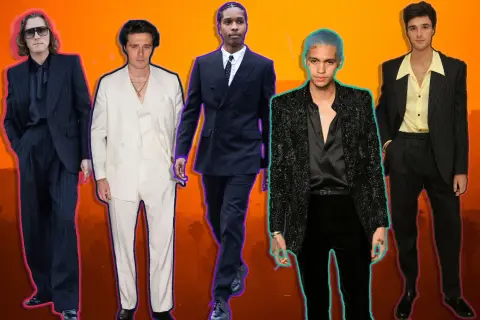 Fünf Männer in schicken Anzügen, die den **cocktail casual** Look perfektionieren. Von elegant bis gewagt, sie zeigen Stil.