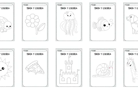 Actividades de grafomotricidad divertida: traza y colorea una tortuga, flor, medusa, pez, perro, sol, pizza, castillo, caracol y jirafa.