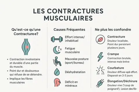 Infographie expliquant les contractures musculaires, leurs causes (effort, fatigue, posture, déshydratation, déficit minéral) et comment les différencier d'une crampe ou courbature. Une grosse contracture musculaire peut être très douloureuse.