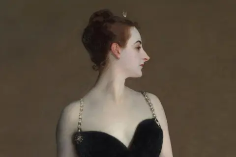 Sargent's portrait of Madame X, a striking woman in a black gown with jeweled straps, her profile turned away, exuding an air of mystery.