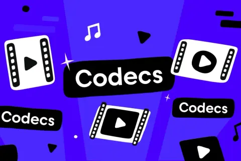 Play icons and film strips surround the word "Codecs," hinting at video file formats like .avi.