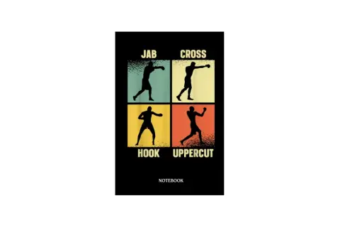 Fyra boxningsslag: jab, cross, hook och uppercut, illustrerade i silhuett mot färgglada bakgrunder.