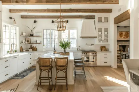 Jasna kuchnia modern farmhouse z drewnianymi belkami, wyspą i rattanowymi hokerami.
