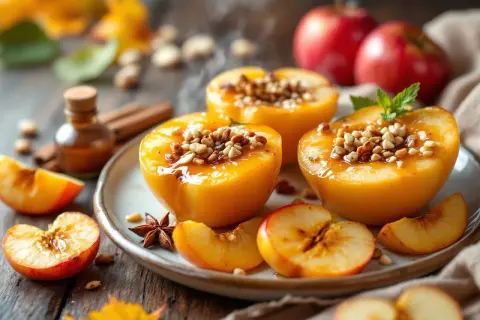 Délicieuse pomme au four, garnie de noix et nappée de sirop, avec des épices et des fruits frais.
