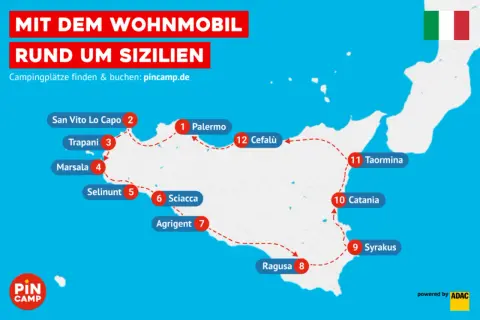 Reise mit dem Wohnmobil rund um Sizilien: Karte mit Highlights wie Palermo, Taormina und Syrakus. Campingplätze finden auf pincamp.de.
