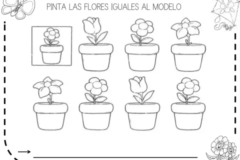 Fichas primavera: dibuja las flores iguales al modelo. Mariposa, cometa y flores en macetas para colorear.