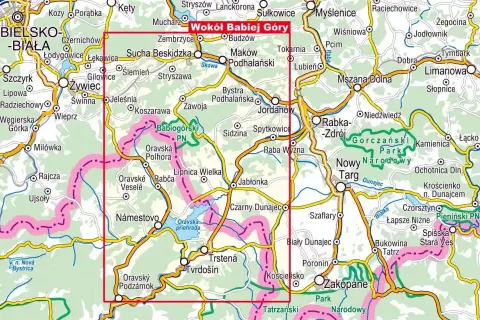 Mapa turystyczna z zaznaczonym obszarem wokół Babiej Góry, obejmującym Beskid Żywiecki, Orawę i Tatry.