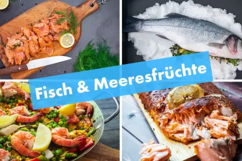 Vier köstliche Fischgerichte: Lachs auf Holzbrett, ganzer Fisch in Salz, Paella mit Garnelen und gebratenes Lachsfilet.