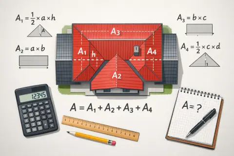 Ilustracja pokazuje, jak obliczyć powierzchnię dachu, dzieląc go na prostokąty i trójkąty. Widać wzory matematyczne, kalkulator i przybory kreślarskie.