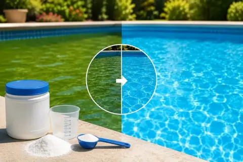 Piscina verde trasformata in blu brillante. Prodotti per trattare l'acqua e capire come abbassare il pH della piscina.