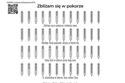 Nuty na flet poprzeczny do pieśni "Zbliżam się w pokorze". Diagramy palcowania dla poszczególnych dźwięków.