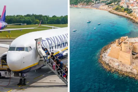 Samolot Ryanair na lotnisku i zamek nad morzem w Kalabrii.