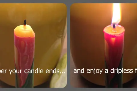 Two images of a red and yellow candle. The left shows an unlit candle with a burnt wick. The right shows a lit candle with a clean flame, demonstrating what are dripless candles.