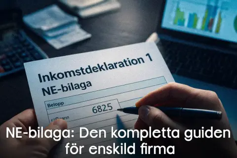 Hand fyller i NE-bilaga för enskild firma deklaration. Kalkylator och diagram syns i bakgrunden.