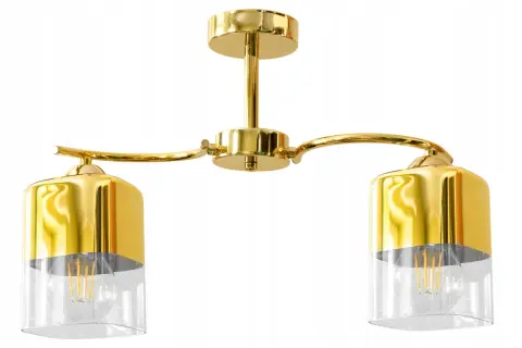 Elegancka lampa szklana loft w złotym kolorze, z dwoma kloszami i widoczną żarówką.